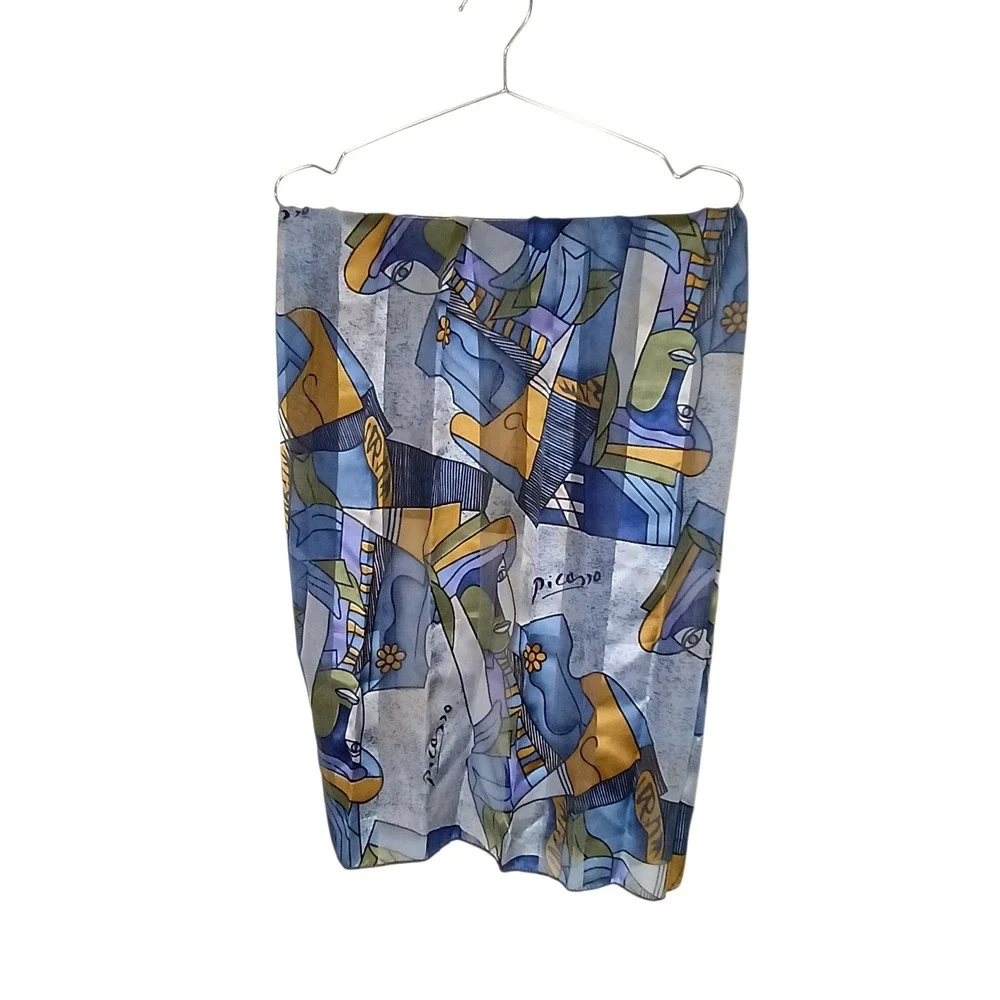 Picasso Tribute Art Print Scarf Blue Gold Cubist Abstract Square Head Wrap 34in